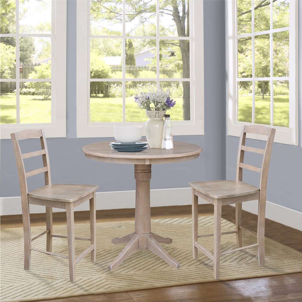 International Concepts (Set of 3 Pcs) - 36in Round Pedestal Gathering Height Table with 2 Madrid Counter Height Stools in Washed Gray Taupe Finish - K09-36RT-27B-6B-S402-2 veiw 2