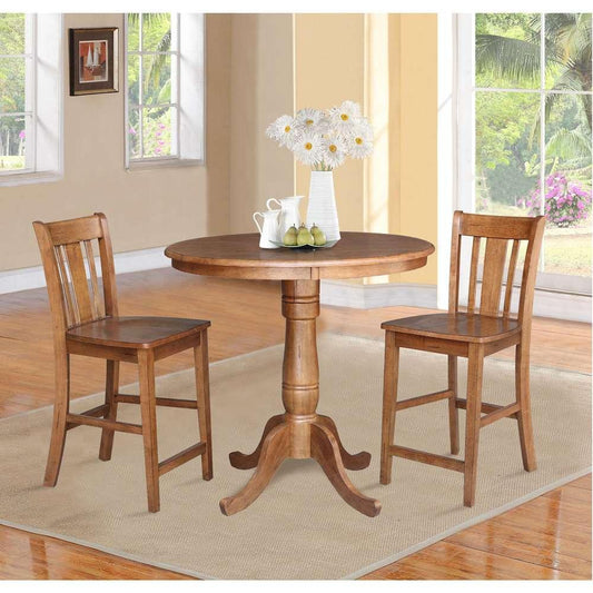 International Concepts (Set of 3 Pcs) - 36in Round Pedestal Gathering Height Table with 2 San Remo Counter Height Stools in Distressed Oak Finish - K42-36RT-6B-S102-2 veiw 2