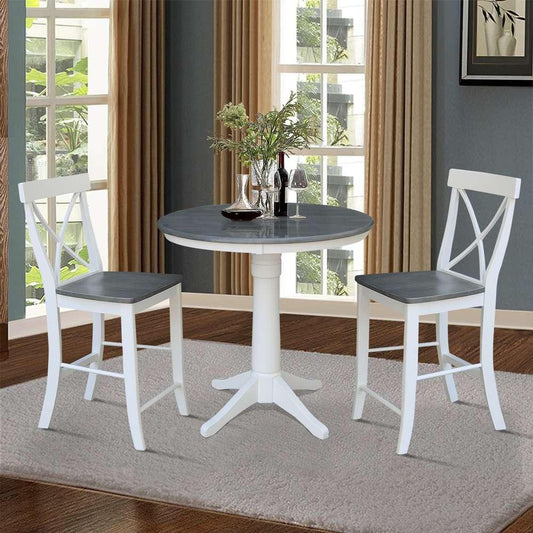 International Concepts (Set of 3 Pcs) - 36in Round Pedestal Gathering Height Table with 2 X-Back Counter Height Stools in White/Heather Gray Finish - K05-36RT-27B-S6132-2 veiw 2