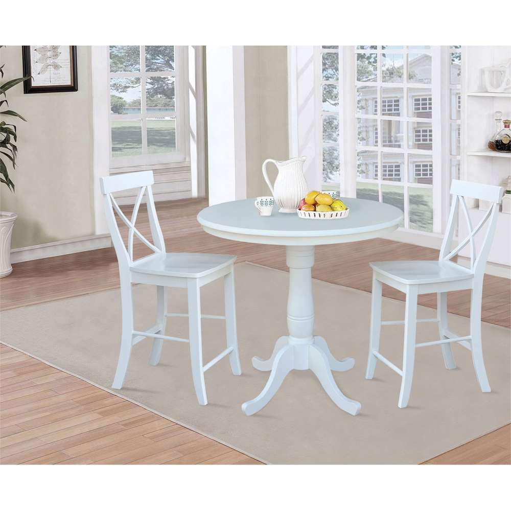 International Concepts (Set of 3 Pcs) - 36in Round Pedestal Gathering Height Table with 2 X-Back Counter Height Stools in White Finish - K08-36RT-6B-32 veiw 2