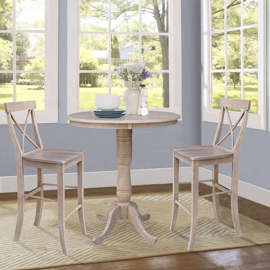 International Concepts (Set of 3 Pcs) - 36in Round Pedestal Bar Height Table with 2 RTA Bar Height Stools in Washed Gray Taupe Finish - K09-36RT-S6133-2 veiw 2
