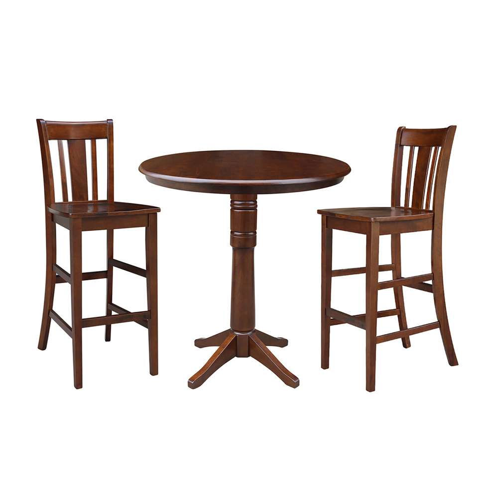 International Concepts (Set of 3 Pcs) - 36in Round Pedestal Bar Height Table with 2 RTA Bar Height Stools in Espresso Finish - K581-36RT-27B-S103-2 veiw 1