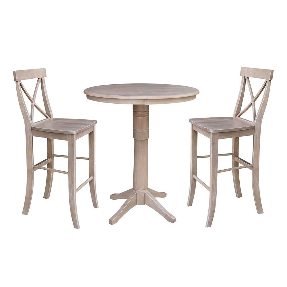 International Concepts (Set of 3 Pcs) - 36in Round Pedestal Bar Height Table with 2 X-Back Bar Height Stools in Washed Gray Taupe Finish - K09-36RT-27B-6B-2-S6133-2 veiw 1