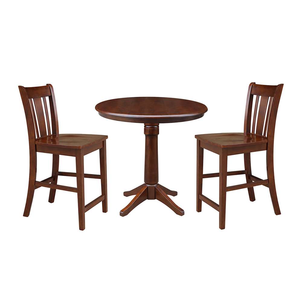 International Concepts (Set of 3 Pcs) - 36in Round Pedestal Gathering Height Table with 2 RTA Counter Height Stools in Espresso Finish - K581-36RT-27B-S102-2 veiw 1