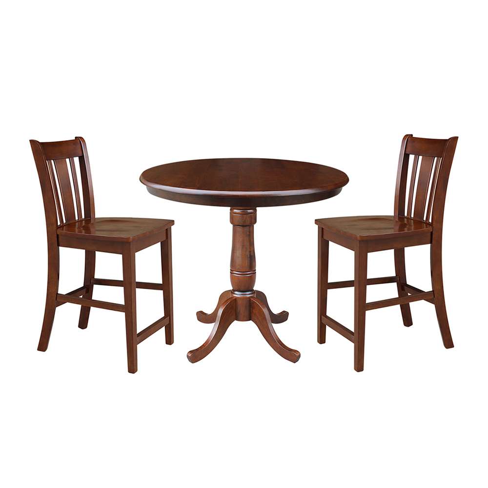 International Concepts (Set of 3 Pcs) - 36in Round Pedestal Gathering Height Table with 2 San Remo Counter Height Stools in Espresso Finish - K581-36RT-6B-S102-2 veiw 1