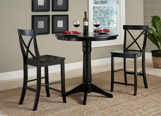 International Concepts (Set of 3 Pcs) - 36in Round Pedestal Gathering Height Table with 2 X-Back Counter Height Stools in Black Finish - K46-36RT-27B-S6132-2 veiw 2