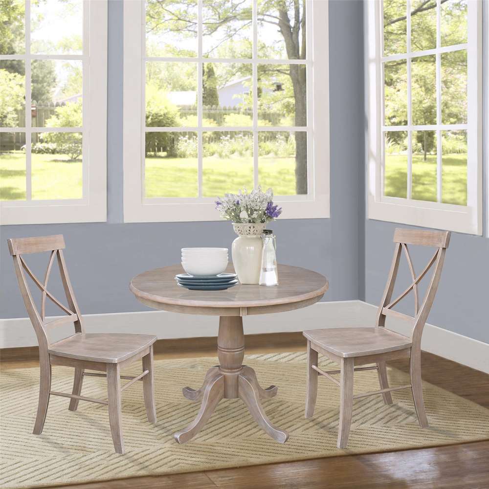 International Concepts (Set of 3 Pcs) -36in Round Top Ped Table with 2 RTA Chairs in Washed Gray Taupe Finish - K09-36RT-C613P veiw 2