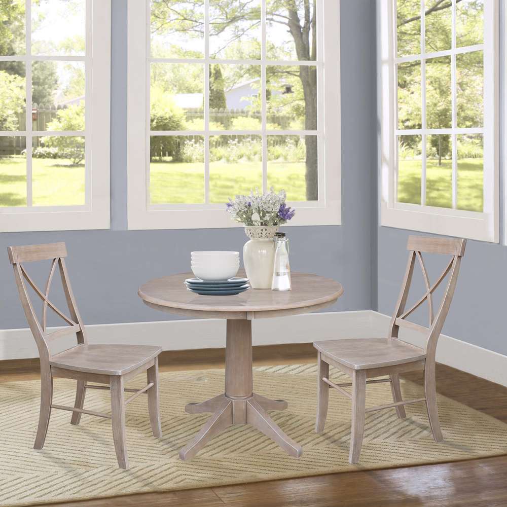 International Concepts (Set of 3 Pcs) -36in Round Top Ped Table with 2 X-Back Chairs in Washed Gray Taupe Finish - K09-36RT-27B-C613-2 veiw 2