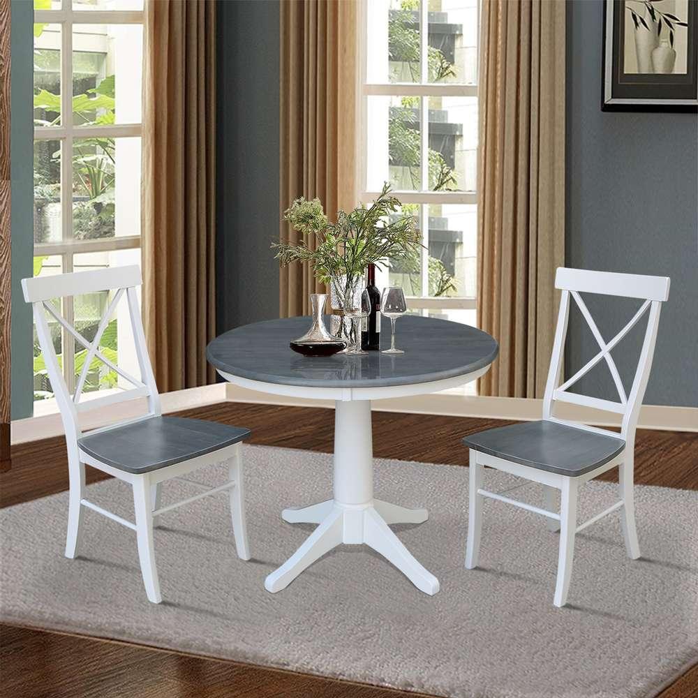 International Concepts (Set of 3 Pcs) -36in Round Top Ped Table with 2 X-Back Chairs in White/Heather Gray Finish - K05-36RT-27B-C613-2 veiw 4