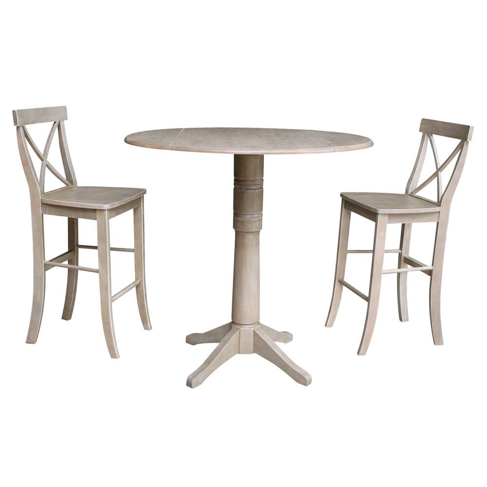 International Concepts (Set of 3 Pcs) - 42in Round Pedestal Bar Height Table with 2 RTA Bar Height Stools in Washed Gray Taupe Finish - K09-42DPT-27-S6133-2 veiw 1