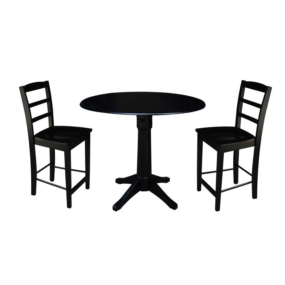 International Concepts (Set of 3 Pcs) - 42in Round Pedestal Gathering Height Table with 2 RTA Counter Height Stools in Black Finish - K46-42DPT-27B-S402-2 veiw 1
