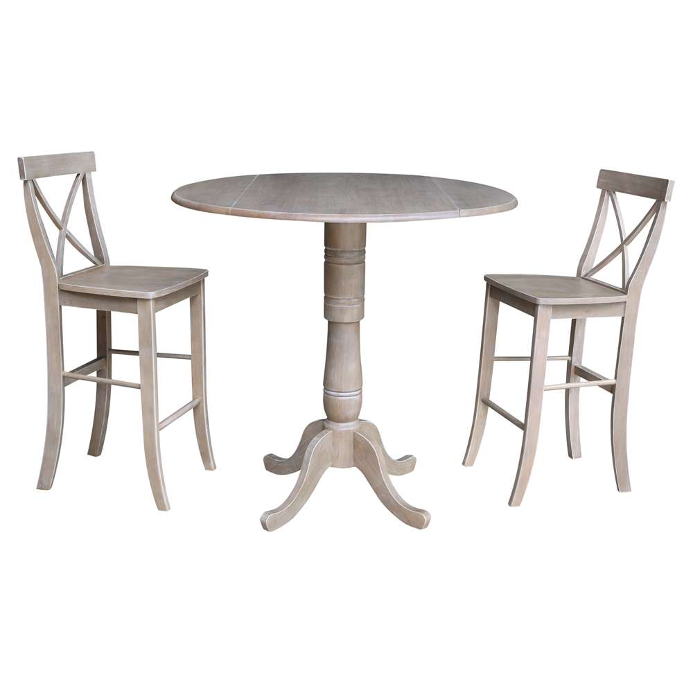 International Concepts (Set of 3 Pcs) - 42in Round Pedestal Bar Height Table with 2 RTA Bar Height Stools in Washed Gray Taupe Finish - K09-42DPT-S6133-2 veiw 1