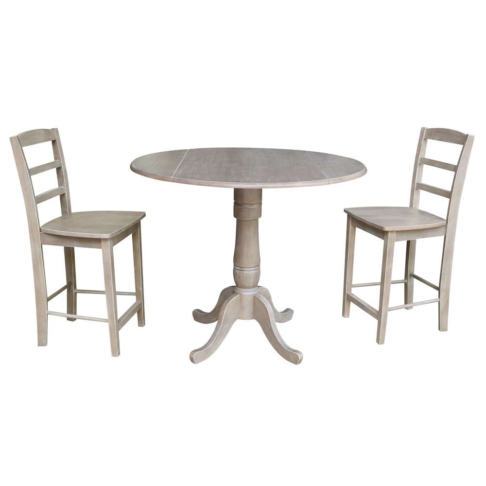 International Concepts (Set of 3 Pcs) - 42in Round Pedestal Gathering Height Table with 2 RTA Counter Height Stools in Washed Gray Taupe Finish - K09-42DPT-S402-2 veiw 1