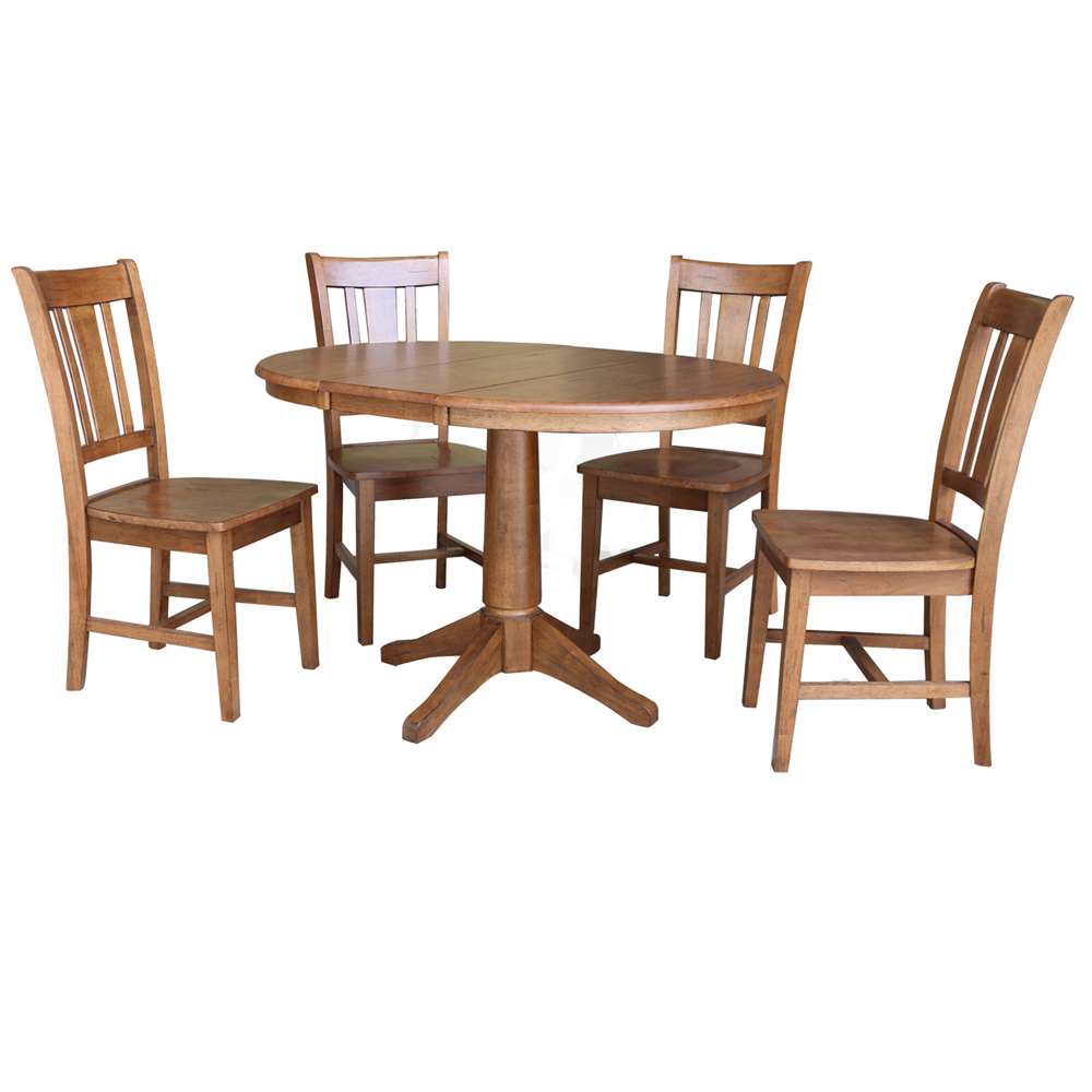 International Concepts - (Set of 5 Pcs) 36in Round Extension Dining Table with 4 RTA Chairs in Distressed Oak Finish - K42-36RXT-27B-C10-4 veiw 1