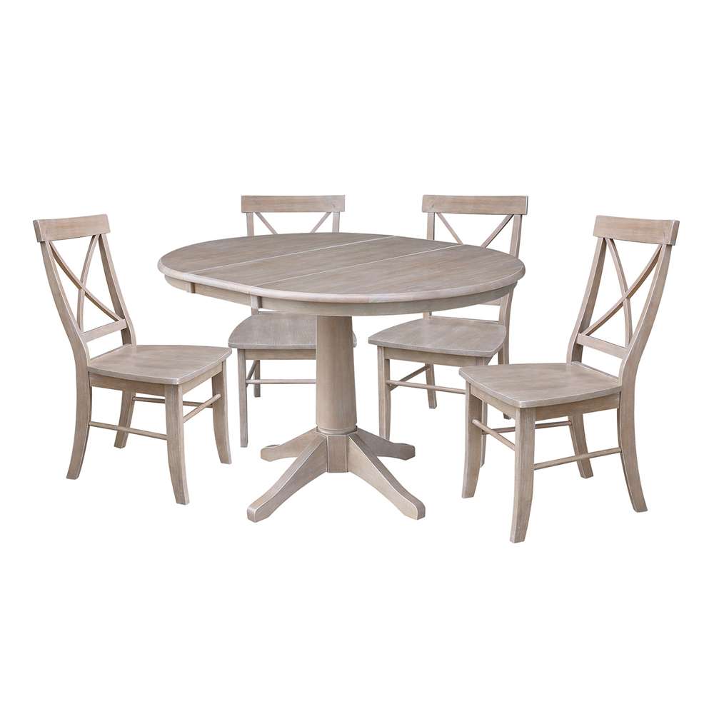 International Concepts - (Set of 5 Pcs) 36in Round Extension Dining Table with 4 RTA Chairs in Washed Gray Taupe Finish - K09-36RXT-27B-C613-4 veiw 1