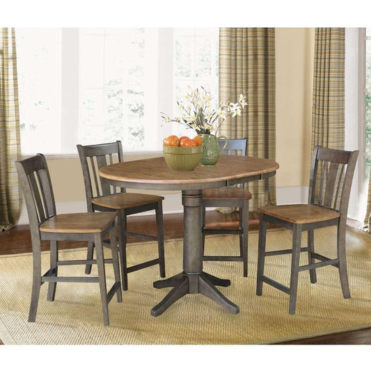 International Concepts - (Set of 5 Pcs) 36in Round Extension Dining Table with 4 San Remo Counter Height Stools in Hickory/Washed Coal Finish - K45-36RXT-27B-S102-4 veiw 2