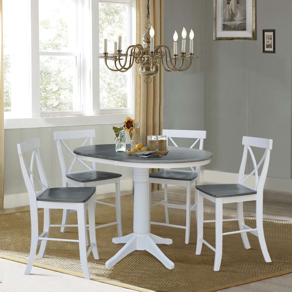 International Concepts - (Set of 5 Pcs) 36in Round Extension Dining Table with 4 X-Back Counter Height Stools in White/Heather Gray Finish - K05-36RXT-27B-S6132-4 veiw 5