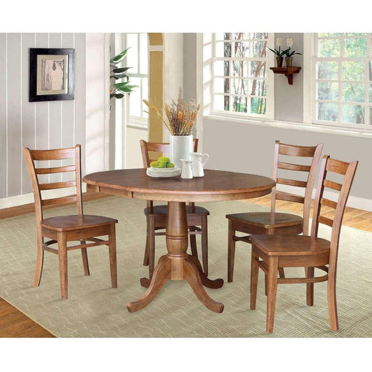 International Concepts - (Set of 5 Pcs) 36in Round Extension Dining Table with 4 RTA Chairs in Distressed Oak Finish - K42-36RXT-C617-4 veiw 2