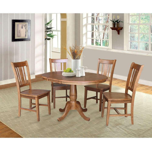 International Concepts - (Set of 5 Pcs) 36in Round Extension Dining Table with 4 RTA Chairs in Distressed Oak Finish - K42-36RXT-C10-4 veiw 2
