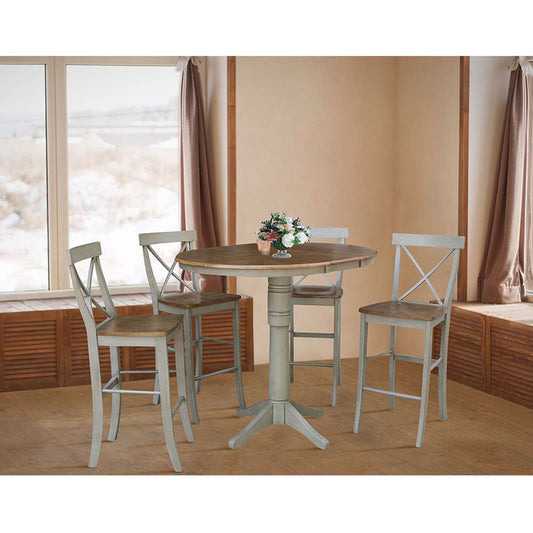 International Concepts - (Set of 5 Pcs) 36in Round Extension Dining Table with 4 RTA Bar Height Stools in Hickory/Stone Finish - K41-36RXT-27B-S6133-4 veiw 2