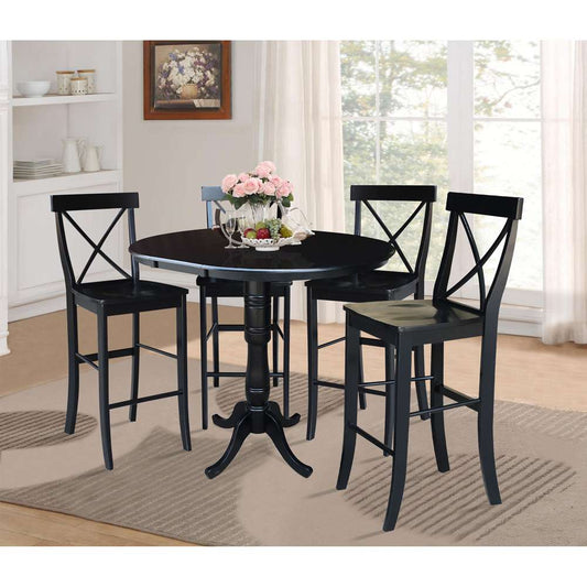 International Concepts - (Set of 5 Pcs) 36in Round Extension Dining Table with 4 X-Back Bar Height Stools in Black Finish - K46-36RXT-S6133-4 veiw 2