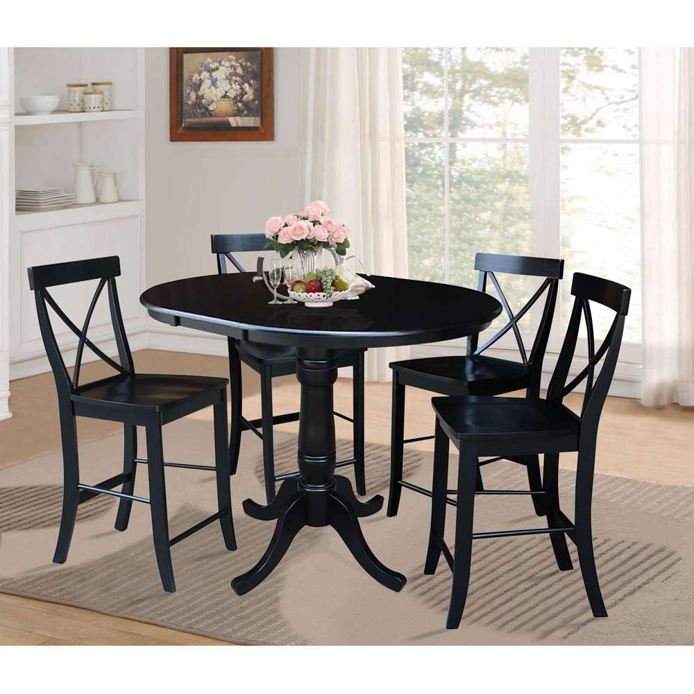 International Concepts - (Set of 5 Pcs) 36in Round Extension Dining Table with 4 X-Back Counter Height Stools in Black Finish - K46-36RXT-S6132-4 veiw 2