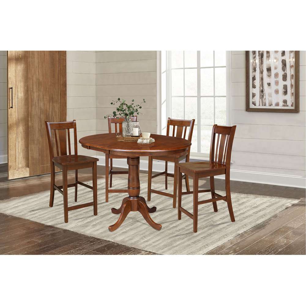 International Concepts - (Set of 5 Pcs) 36in Round Top Ped Ext Table with 12in Leaf and 4 San Remo RTA Counter Height Stools in Espresso Finish - K581-36RXT-6B-S102-4 veiw 2