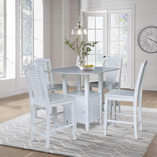 International Concepts - (Set of 5 Pcs) Dual Drop Leaf Bistro Table - Counter Height with Storage - 4 Counter Height Stools in White/Chalk - Antiqued Finish - K128-3638-S452-4 veiw 2
