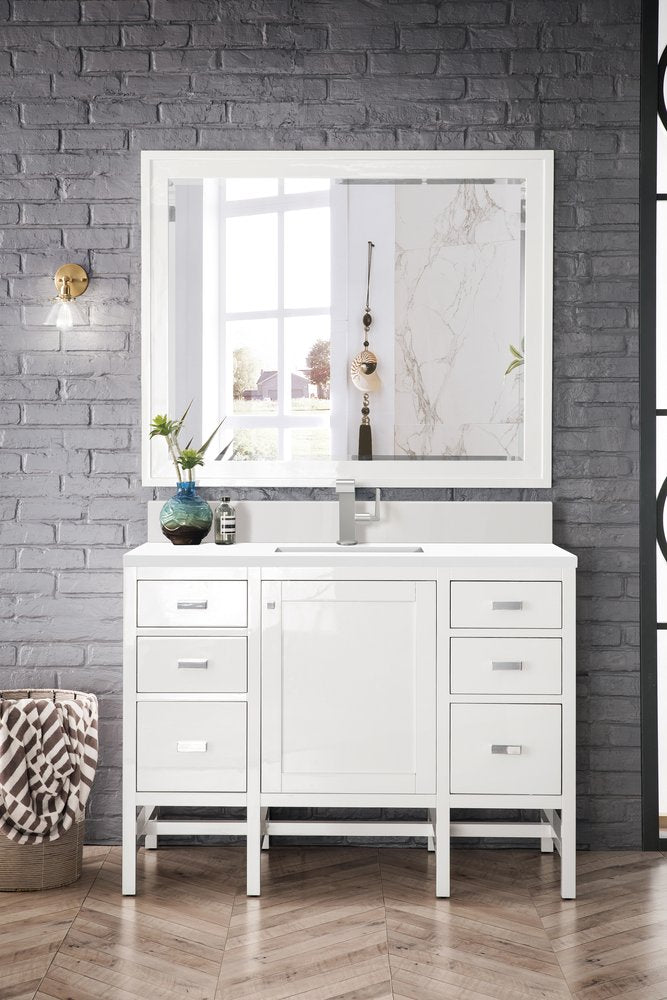 James Martin - Addison 48" Single Vanity, Glossy White w/ Single Hole 3 CM White Zeus Silestone Top & Backsplash - E444-V48-GW-1WZ view 2