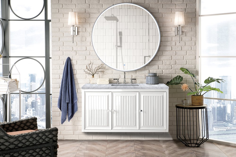James Martin - Athens 48" Single Vanity, Glossy White w/ 3 CM Carrara White Top - E645-V48-GW-3CAR view 8