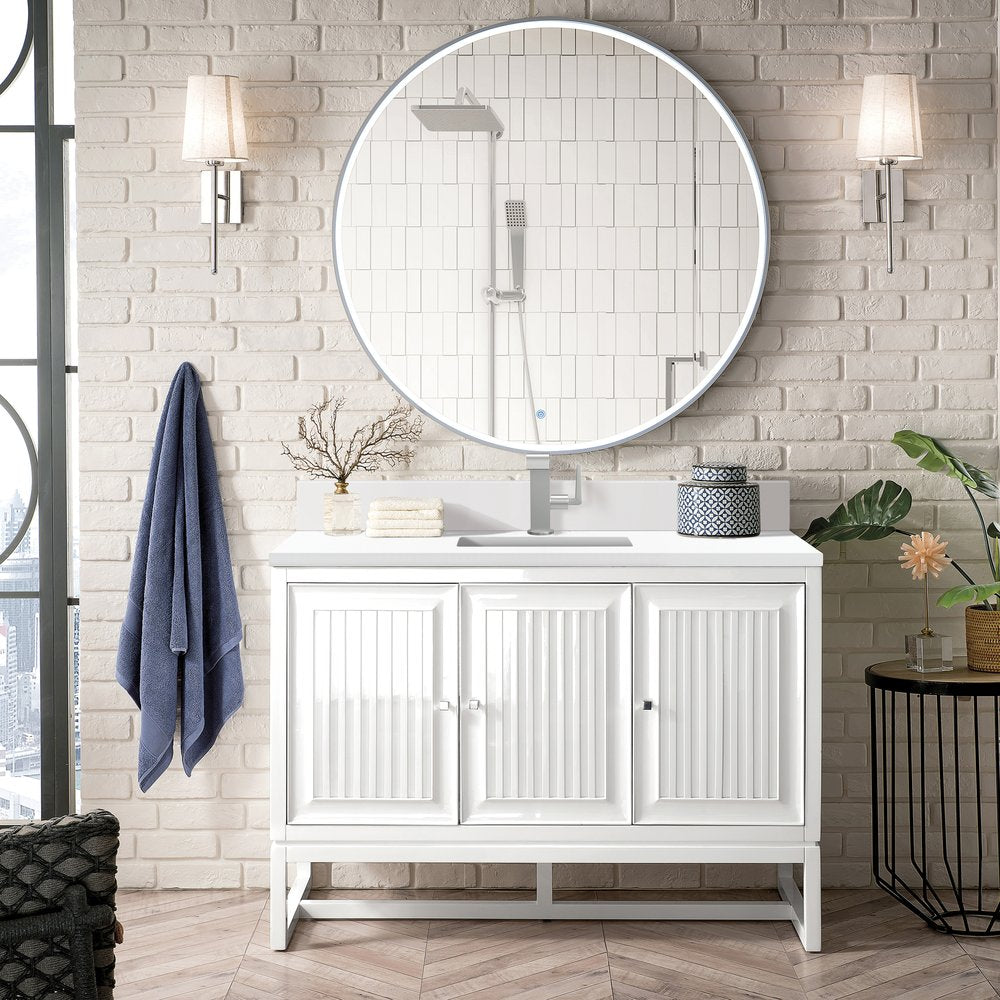 James Martin - Athens 48" Single Vanity, Glossy White w/ Single Hole 3 CM White Zeus Silestone Top & Backsplash - E645-V48-GW-1WZ view 3