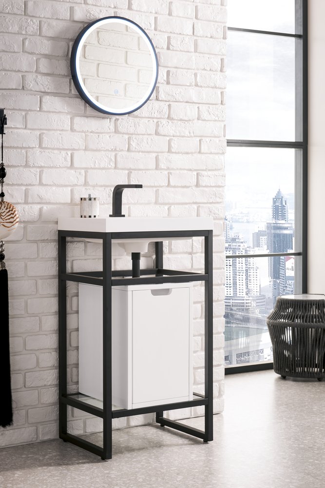 James Martin - Boston 20" Single Console Vanity, Matte Black w/ Glossy White Storage, White Glossy Composite Stone - C105V20MBKSCGWWG view 3