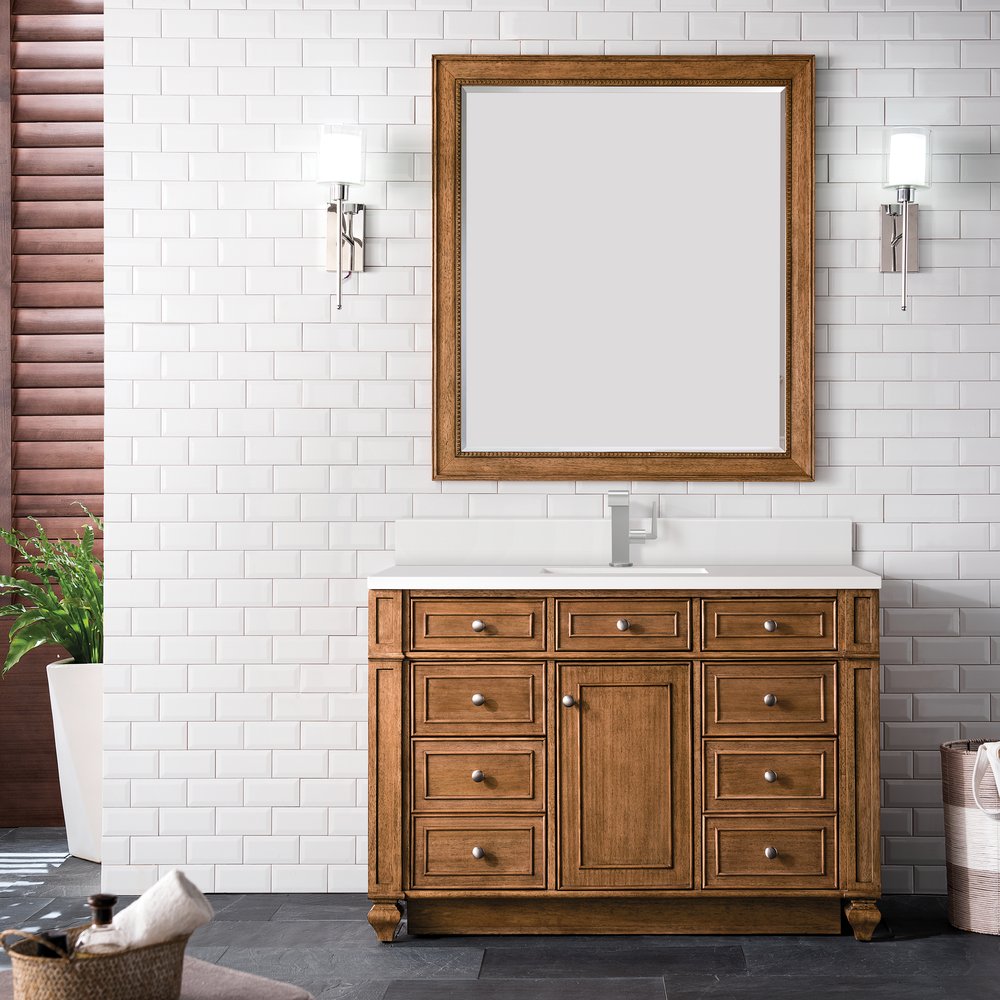 James Martin - Bristol 48" Single Vanity, Saddle Brown w/ Single Hole 3 CM White Zeus Silestone Top & Backsplash - 157-V48-SBR-1WZ view 2