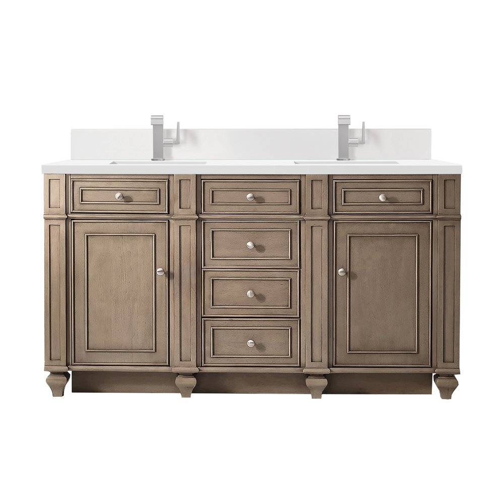 James Martin - Bristol 60" Double Vanity, Whitewashed Walnut w/ Single Hole 3 CM White Zeus Silestone Top & Backsplash - 157-V60D-WW-1WZ view 1