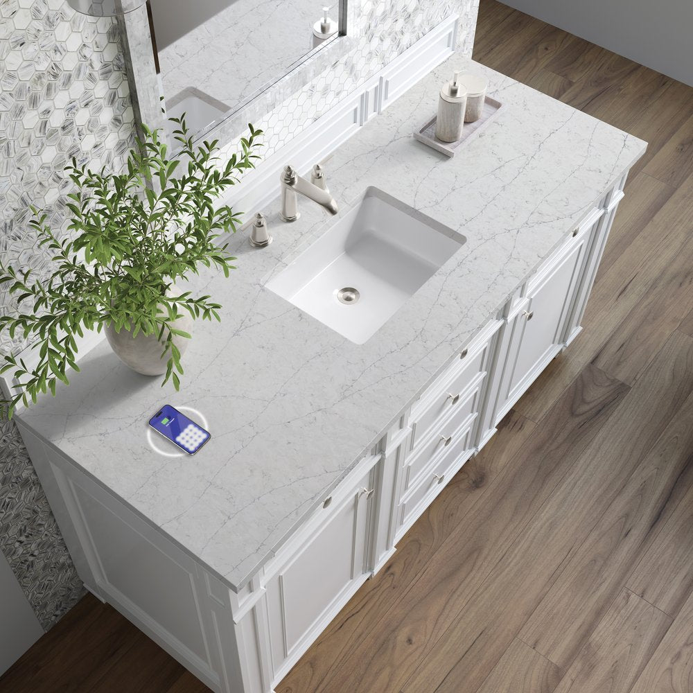 James Martin - Bristol 60" Single Vanity, Bright White w/ 3 CM Eternal Jasmine Pearl Silestone Top w/FreePower Wireless Charger - 157-V60S-BW-FEJP view 6