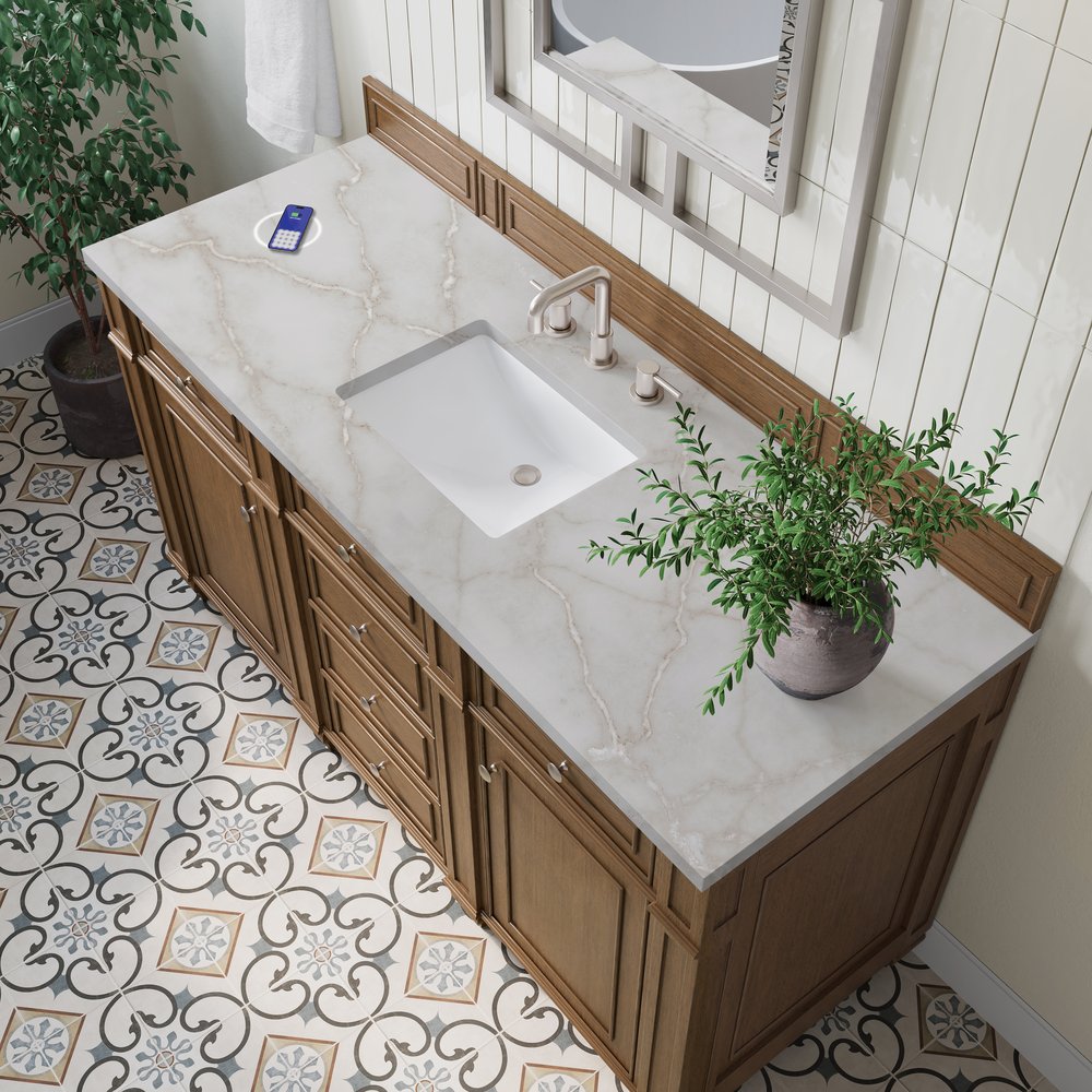 James Martin - Bristol 60" Single Vanity, Saddle Brown w/ 3 CM Victorian Silver Silestone Top w/FreePower Wireless Charger - 157-V60S-SBR-FVSL view 6