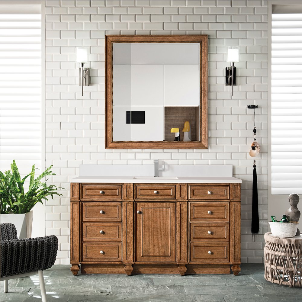 James Martin - Bristol 60" Single Vanity, Saddle Brown w/ Single Hole 3 CM White Zeus Silestone Top & Backsplash - 157-V60S-SBR-1WZ view 2