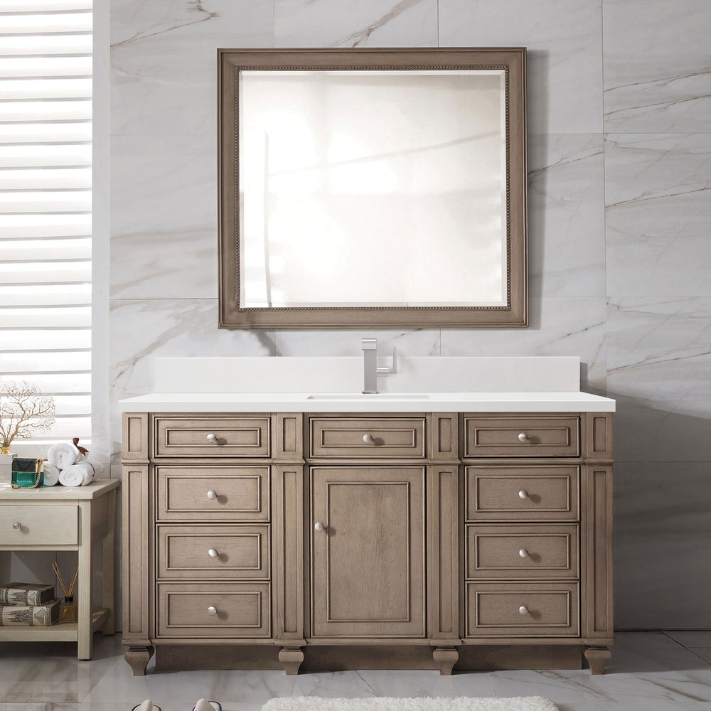 James Martin - Bristol 60" Single Vanity, Whitewashed Walnut w/ Single Hole 3 CM White Zeus Silestone Top & Backsplash - 157-V60S-WW-1WZ view 2