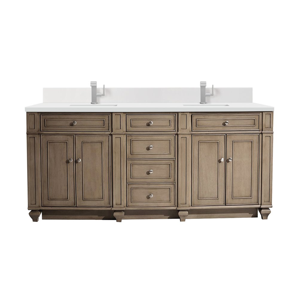 James Martin - Bristol 72" Double Vanity, Whitewashed Walnut w/ Single Hole 3 CM White Zeus Silestone Top & Backsplash - 157-V72-WW-1WZ view 1