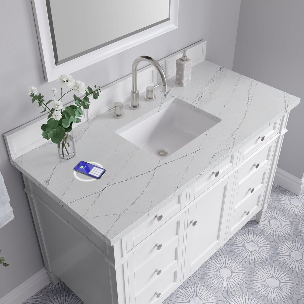 James Martin - Brittany 48" Single Vanity, Bright White w/ 3 CM Ethereal Noctis Silestone Top w/FreePower Wireless Charger - 655-V48-BW-FENC view 9