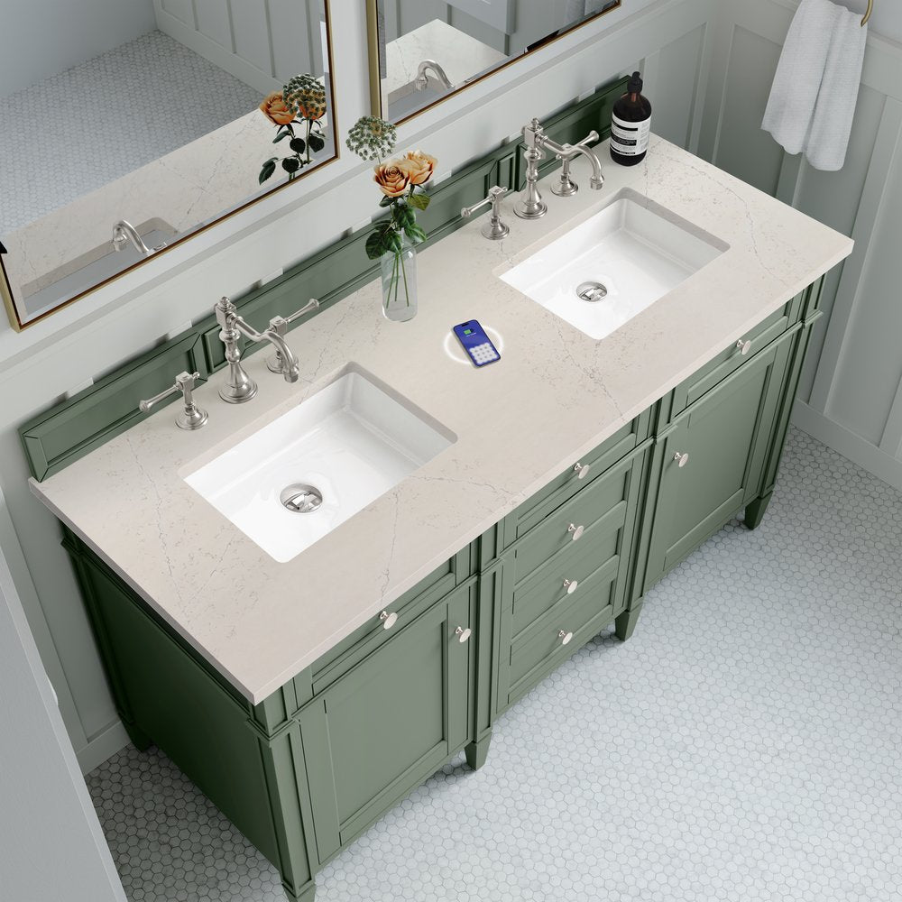 James Martin - Brittany 60" Double Vanity, Smokey Celadon, w/ 3 CM Siberian Silestone Top w/FreePower Wireless Charger - 650-V60D-SC-FSFR view 6