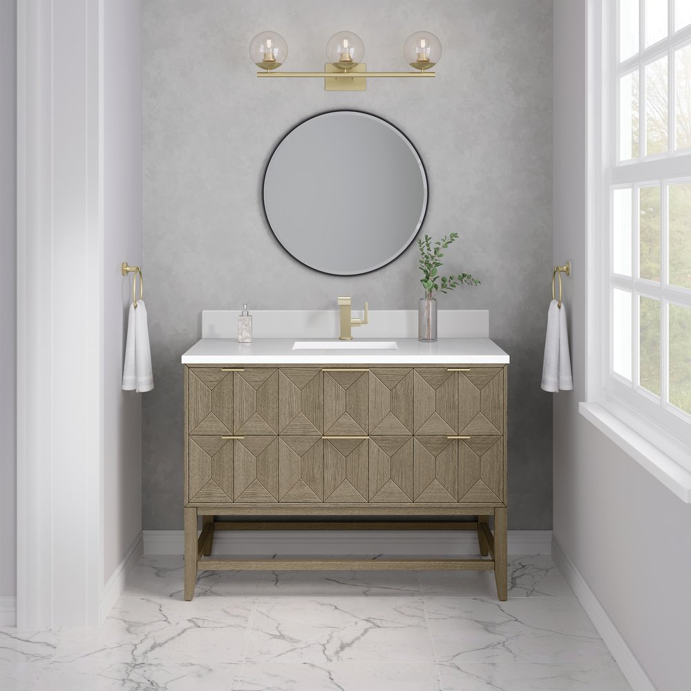 James Martin - Emmeline 48" Single Vanity, Pebble Oak w/ Single Hole 3 CM White Zeus Silestone Top & Backsplash - D100-V48-PBO-1WZ view 2