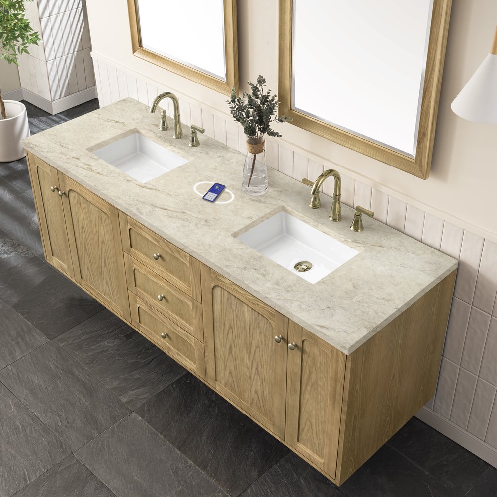 James Martin - Laurent 72" Double Vanity, Light Natural Oak, w/ 3 CM Tajnar Eclos Top w/FreePower Wireless Charger - 545-V72-LNO-FTJR view 12