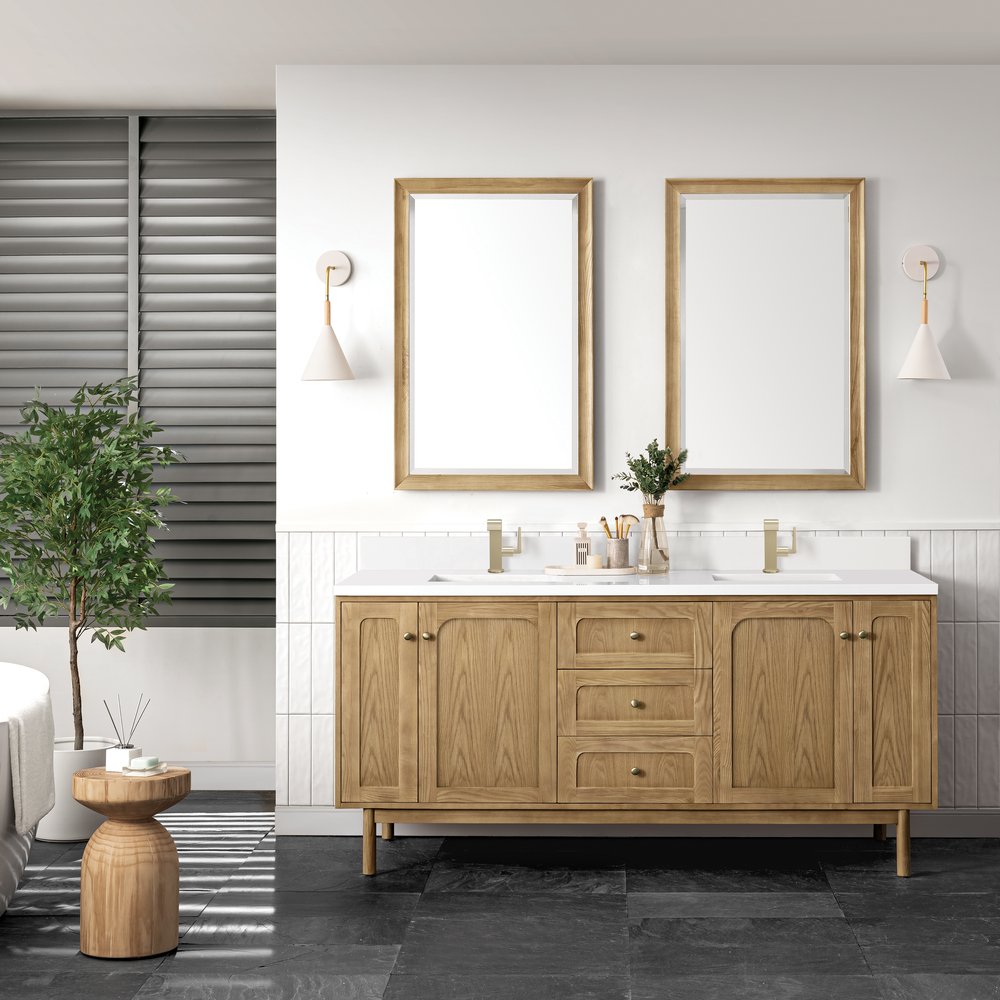 James Martin - Laurent 72" Double Vanity, Light Natural Oak w/ Single Hole 3 CM White Zeus Top & Backsplash - 545-V72-LNO-1WZ view 4