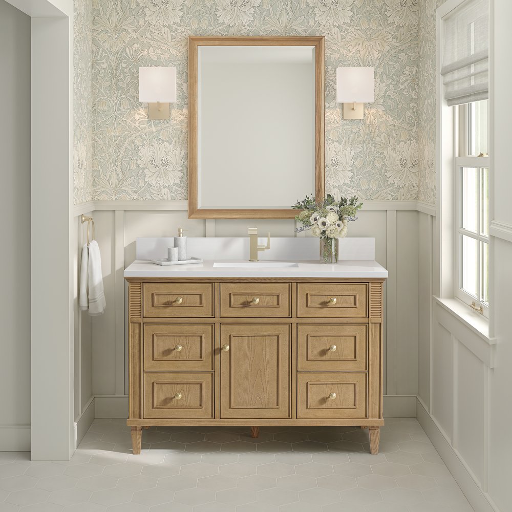 James Martin - Lorelai 48" Single Vanity, Light Natural Oak w/ Single Hole 3 CM White Zeus Silestone Top & Backsplash - 424-V48-LNO-1WZ view 2