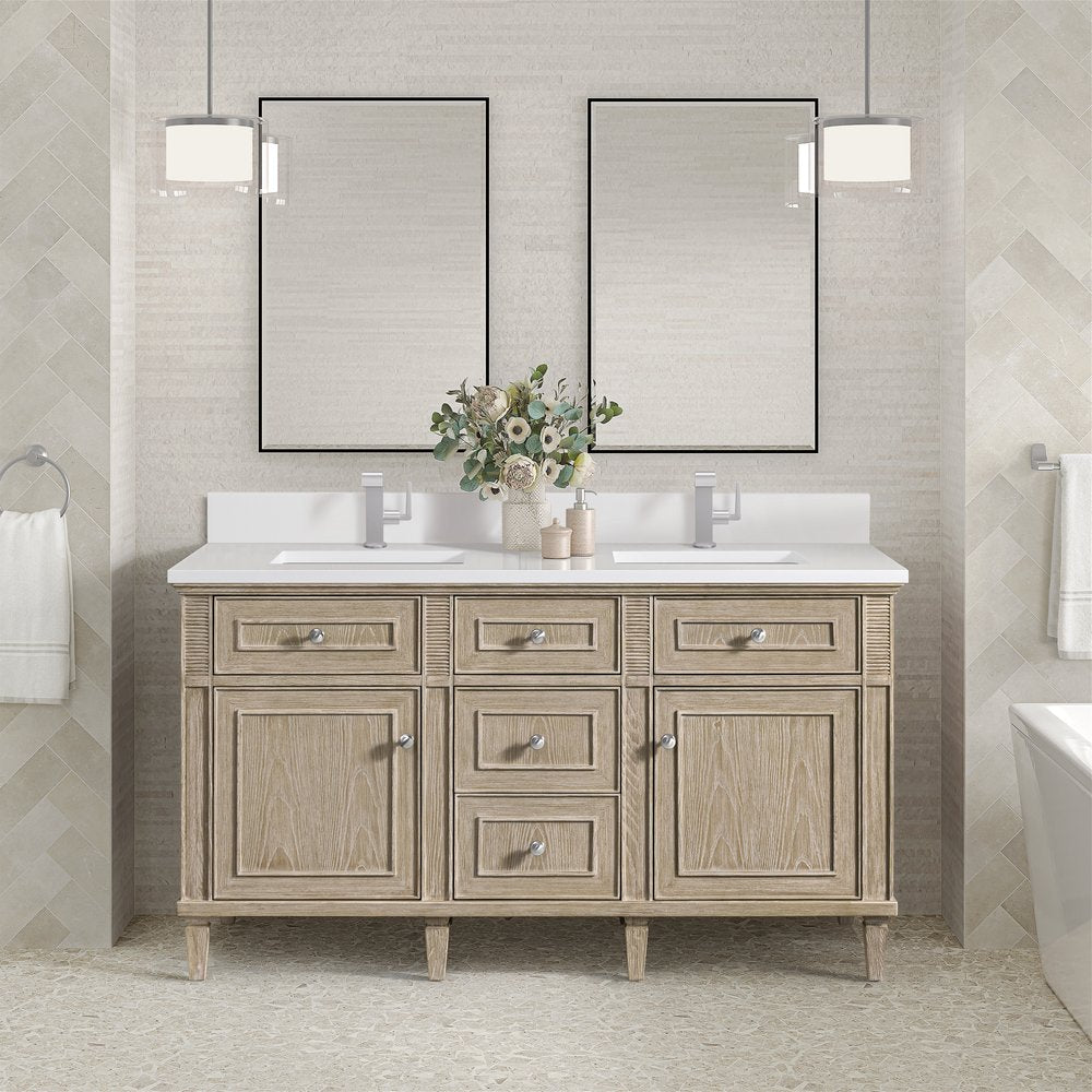 James Martin - Lorelai 60" Double Vanity, Whitewashed Oak w/ Single Hole 3 CM White Zeus Silestone Top & Backsplash - 424-V60D-WWO-1WZ view 2