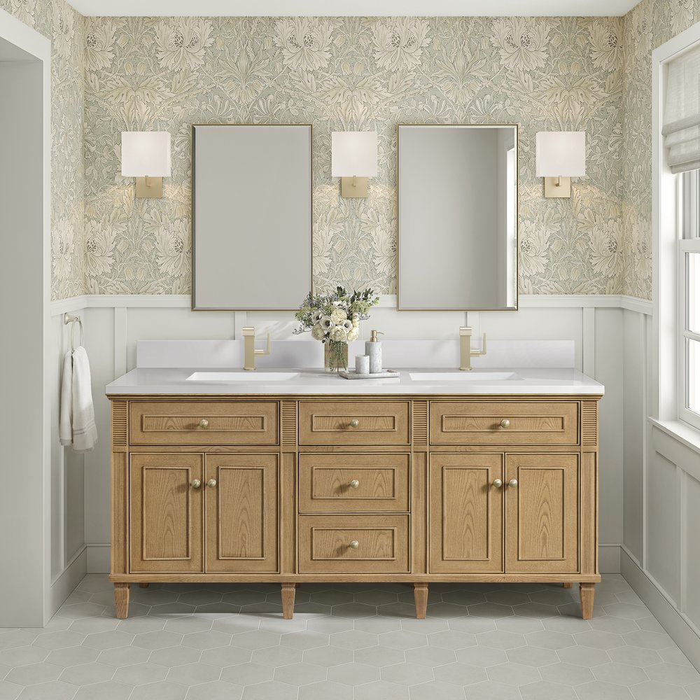 James Martin - Lorelai 72" Double Vanity, Light Natural Oak w/ Single Hole 3 CM White Zeus Silestone Top & Backsplash - 424-V72-LNO-1WZ view 2