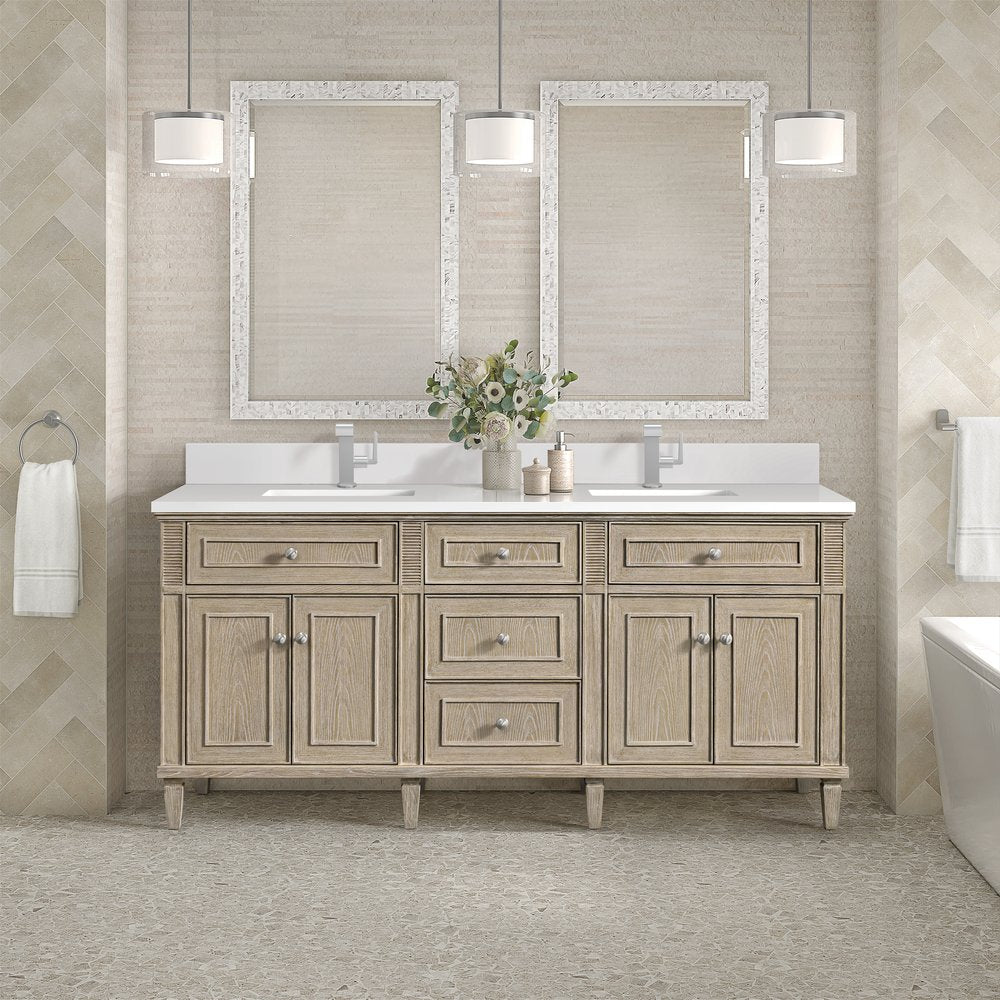 James Martin - Lorelai 72" Double Vanity, Whitewashed Oak w/ Single Hole 3 CM White Zeus Silestone Top & Backsplash - 424-V72-WWO-1WZ view 2