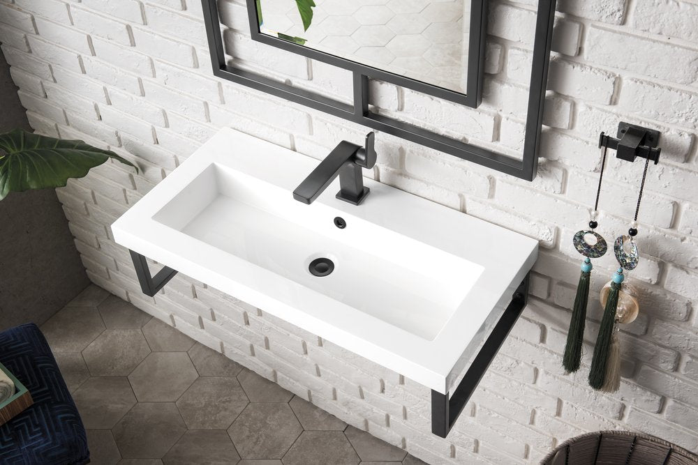 James Martin - Two Boston 15.25" Wall Brackets, Matte Black w/ 31.5" White Glossy Composite Stone Top - 055BK16MBK31.5WG2 view 4