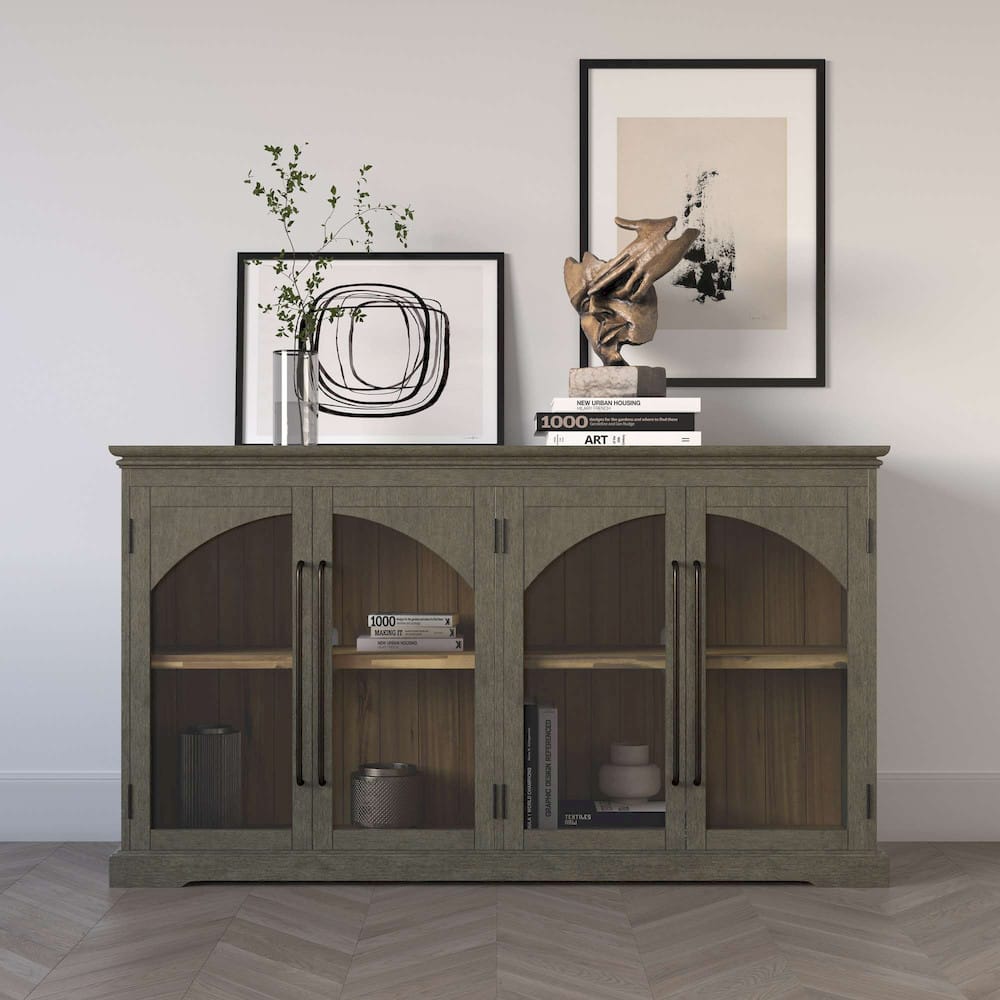 Jofran - Archdale 65in Gothic Arch Transitional Sideboard Storage Cabinet with Glass Doors in Grey - 2294-65 view 11